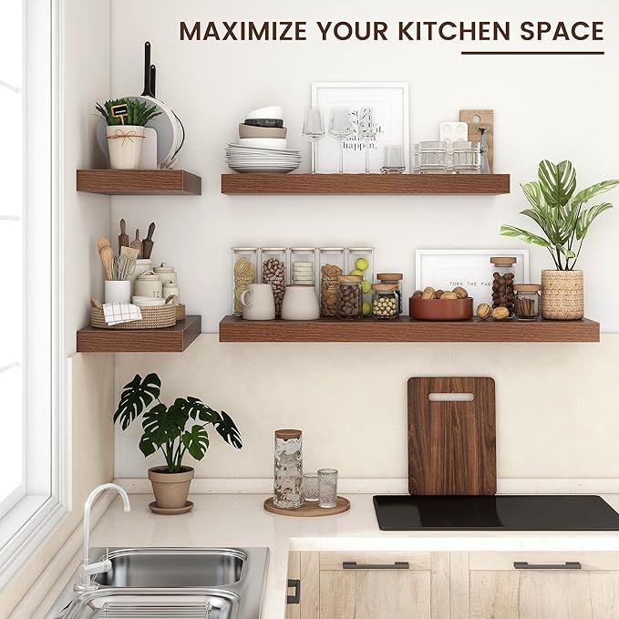 Floating Shelves for Wall, 36 Inch Wide x 12 Inch Deep Floating Shelves, Long Wood Floating Wall Shelf Shelves for Living Room Bathroom Bedroom Kitchen Home - (Walnut, 36" W x 12" D x 2" H)