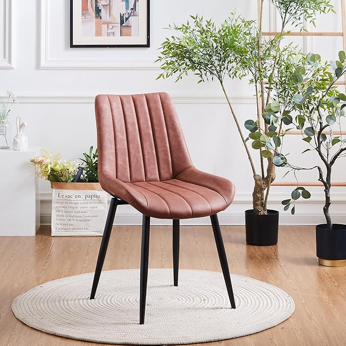 Dining Chairs Set of 6, Faux Leather Modern Linear Design Dining Chair with Metal Legs, 16.9" Seat Width Chair for Kitchen, Lounge, Reception Room, Restaurant, Commercial (Brown)