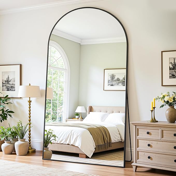 Full Length Mirror, 81"x41" Oversized Floor Mirror Freestanding, Full Body Mirror Floor Standing Mirrors with Stand, Hanging Mounted Mirrors for Bedroom Living Room, Black, Arched Style