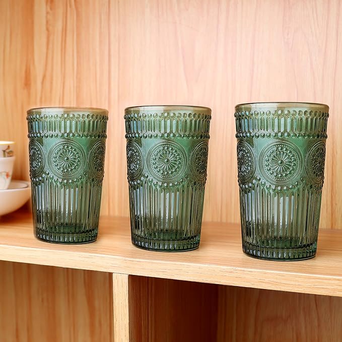 6pcs Vintage Drinking Glasses Set, 12 oz Atroviens Highball Glasses, Embossed Ribbed Glassware Cups for Cocktail, Water, Juice, Coffee, Whiskey