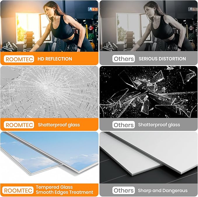 ROOMTEC Home Gym Mirror 72"x36" Frameless Wall Mounted Fitness Mirror, Large Tempered Glass Full Length for Yoga, Dance Studio, Workout Room