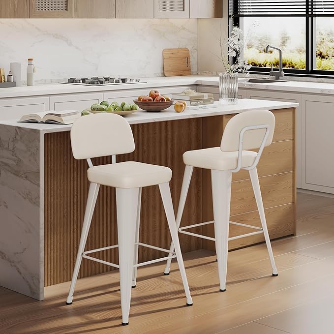 Aklaus PU Leather Metal Bar Stools 26 inch Faux Leather Counter Height Barstools Set of 2 Modern Farmhouse Bar Chairs with High Backs and Faux Leather Seat for Kitchen Island Dining Room Off White
