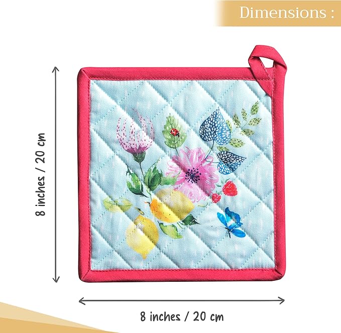 Maison d' Hermine Pot Holders Set 100% Cotton Heat Resistant Potholders 8" x 8" Hot Pads with Loop BBQ, Cooking, Grilling, Kitchen, Handling Hot Pans Spring/Summer (Pack of 2, Jardin D'Ete - Mint)