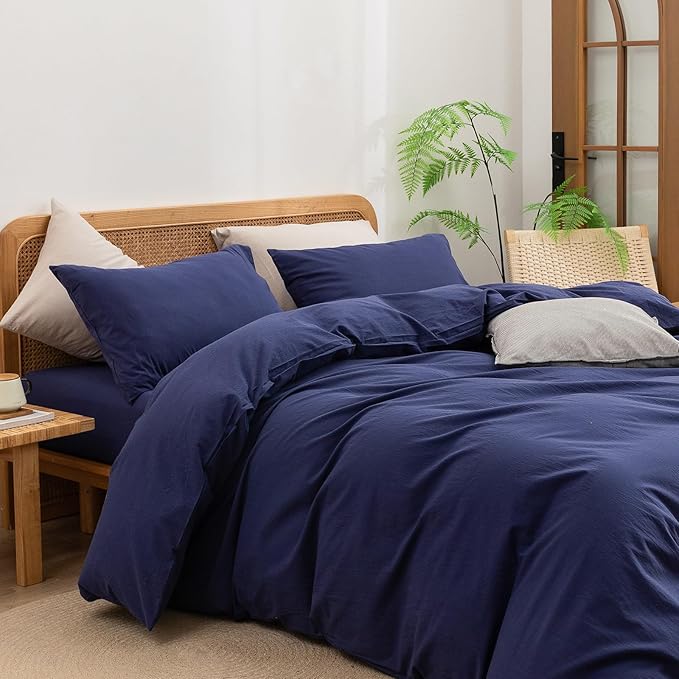 BESTOUCH Duvet Cover Set 100% Washed Cotton Linen Feel Super Soft Comfortable Chic Lightweight 3 PCs Home Bedding Set Solid Navy Blue Queen