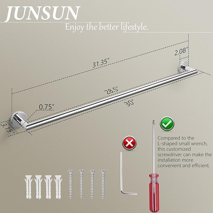 Bath Towel Bar 30 Inch Towel Rack for Bathroom Wall Mounted Bath Towel Holder Modern Towel Rods Chrome Towel Hanger Bathroom Accessories Towel Rails Stainless Steel Single Towel Bars Polished Chrome