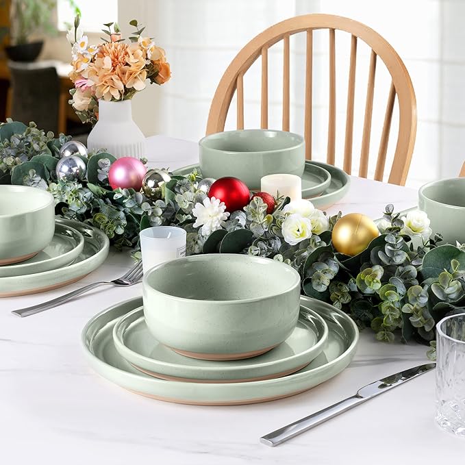LIANYU Porcelain Dinnerware Set for 4, 12 PC Stoneware Dinner Plates and Bowls, Ceramic Dining Dishes Set for Dessert Salad Pasta, Microwave & Dishwasher Safe, Fog Green