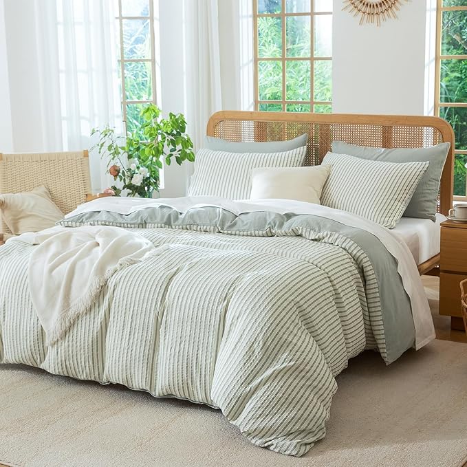King Size Comforter Set Striped Soft Luxury Washed Microfiber Jacquard 3 Pieces Bedding, Grayish Green Vertical Ticking Stripes Pattern Comforter with 2 Pillowcases Breathable Durable Comfy