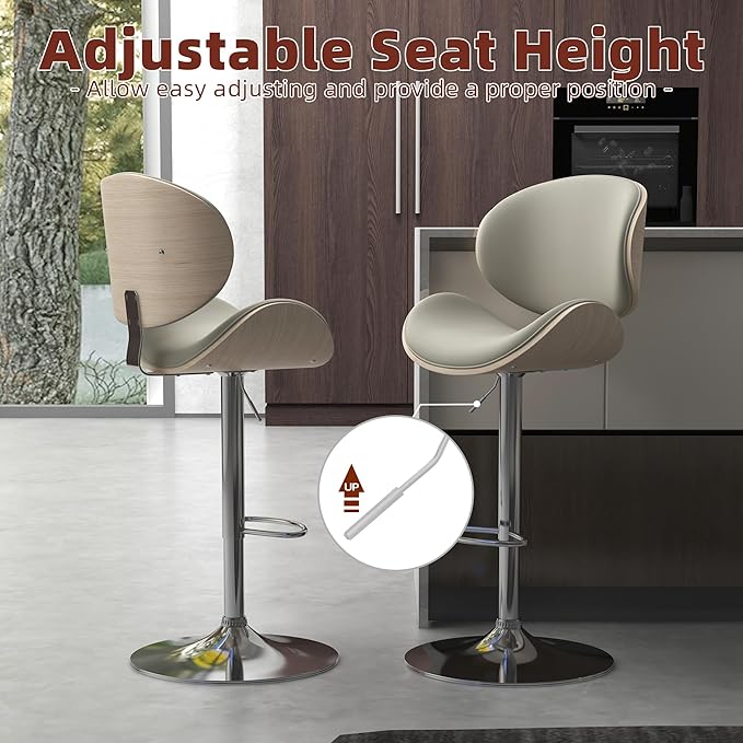 civama Bar Stools Set of 6 for Kitchen Counter, Adjustable Bar Height Chairs, Modern Swivel Barstools with Bentwood Seat and Back with Footrest for Kitchen Island, Dining Room, Grey PU Leather