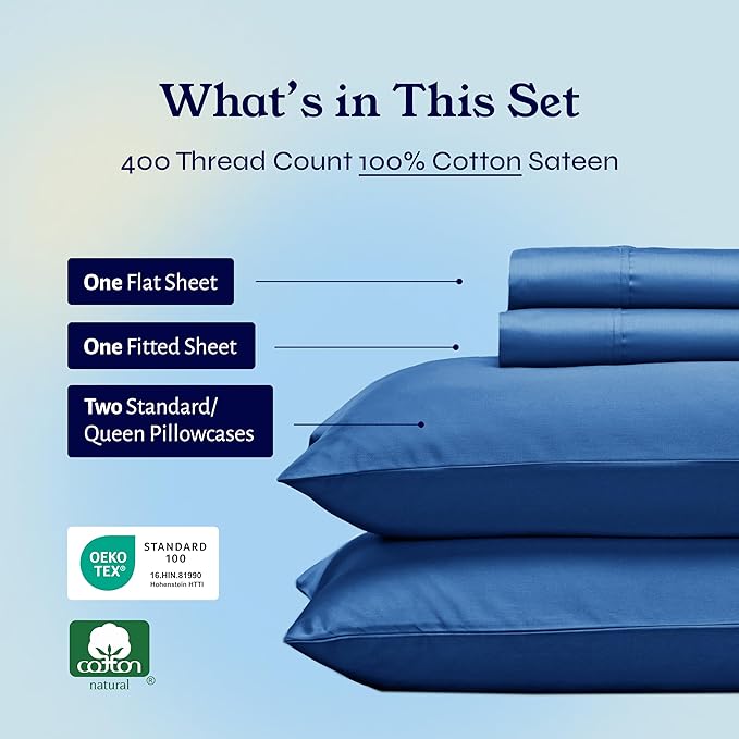 California Design Den Natural 100% Cotton Sheets Queen Size Bed Set - 400 Thread Count Sateen, Deep Pocket Queen Sheets with All Around Elastic, Soft, Cool and Durable Bedding - Cobalt Blue