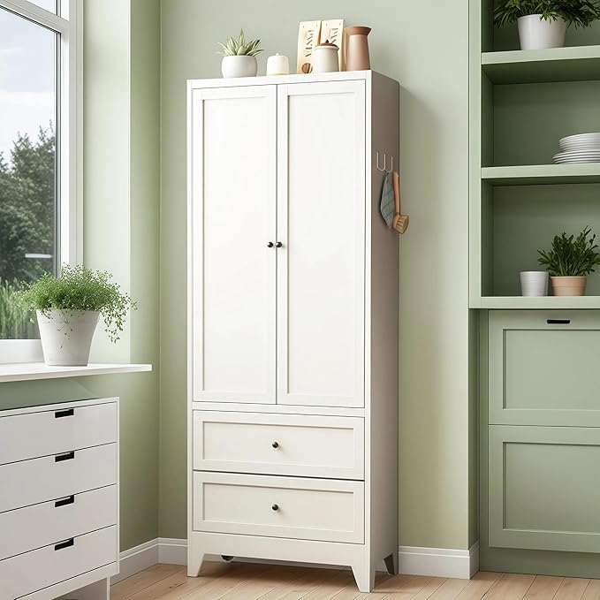 72'' Storage Cabinet, 2 Adjustable Shelves Kitchen Pantry with 2 Drawers, Tall White Metal Storage Cabinet with External Hooks, Modern Freestanding Heavy-Duty Pantry for Kitchen