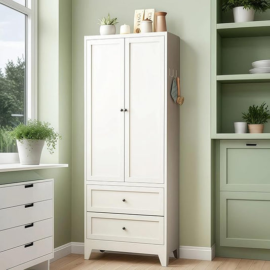 72'' Storage Cabinet, 2 Adjustable Shelves Kitchen Pantry with 2 Drawers, Tall White Metal Storage Cabinet with External Hooks, Modern Freestanding Heavy-Duty Pantry for Kitchen