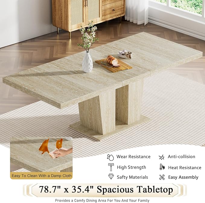 Goujxcy 5-Piece Extendable Dining Table Set for 4, 63-78 Inch Faux Travetine Kitchen Table Set with 4 Grey Upholstered Chairs Modern Wood Expandable Dining Room Table Set for Kitchen Apartment
