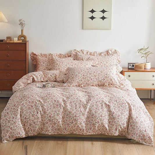 Pink Flower Duvet Cover with Ruffle Pillowcases 100% Cotton Floral Bedding Set Twin Teen Girls Aesthetic Flower Comforter Cover Cottagecore Garden Style Boho Floral Duvet Cover with Zipper Closure