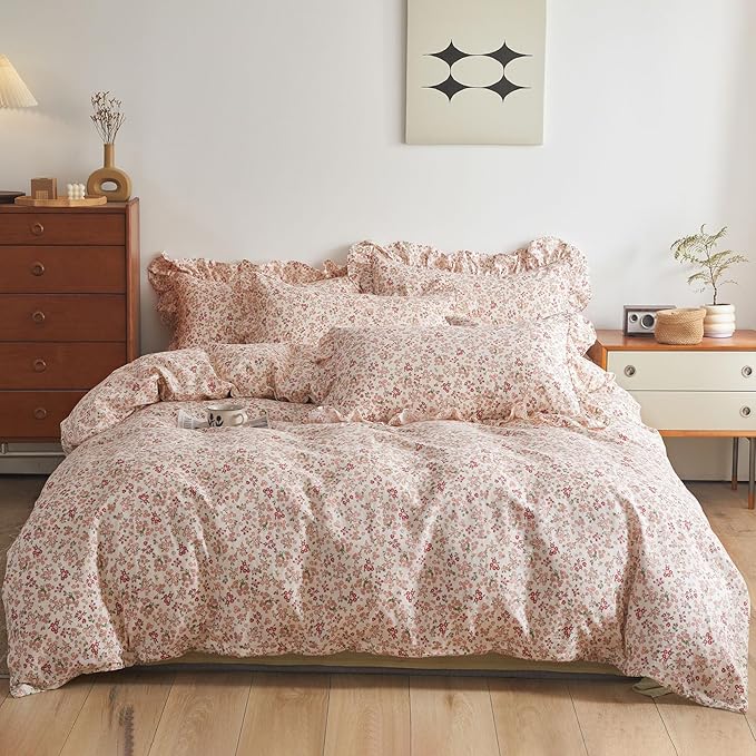 EAVD Garden Cute Small Floral Comforter Set King Fluffy Soft Microfiber Chic Shabby Floral Bedding Set with 2 Pillowcases Reversible Fresh Botanical Comforter Set for All-Season
