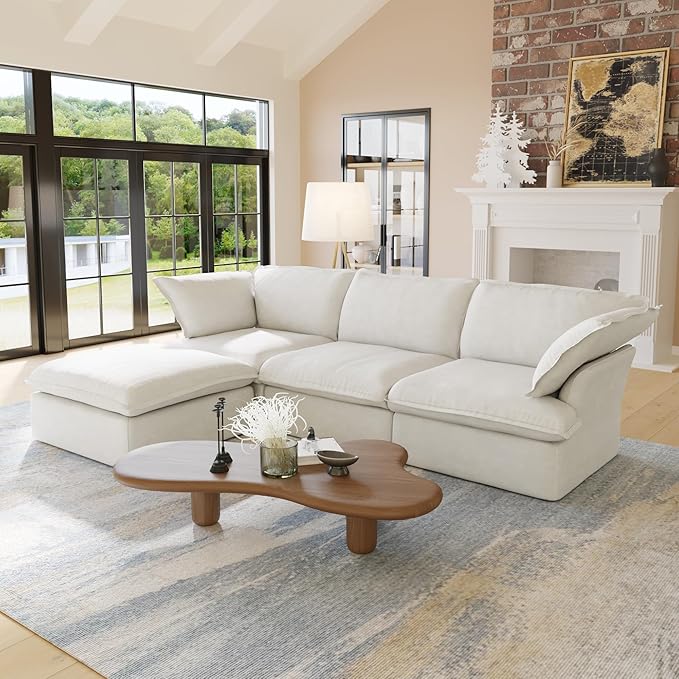 WJShome 165.2" Cloud Modular Sectional Sofa, Modern Comfy Couch Filled with Down, Minimalist Wide Deep Seat Couches for Living Room Apartment Lounge Bedroom (White, 3 Seater+1 Ottoman)
