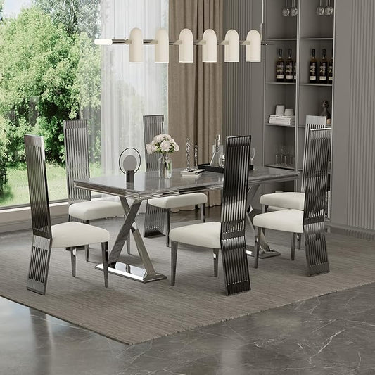Modern Dining Chairs Set of 6, White Boucle Dining Room Chairs with Silver Polished Stainless Steel Legs, Upholstered Chairs with High Back and Metal Legs for Kitchen/Living Room/Restaurant
