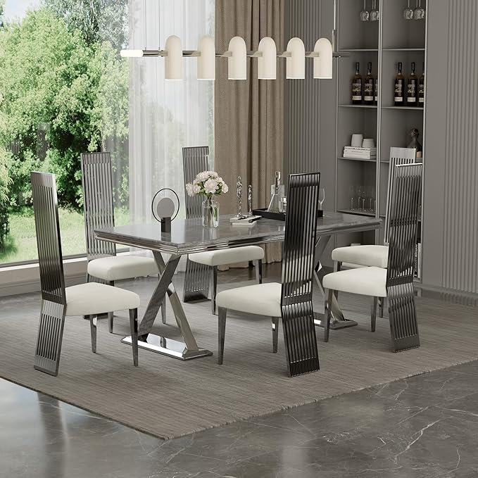 Dining Chairs Set of 12, Boucle Upholstered Modern Dining Chair, Elegant White and Silver Dining Room Chair with Polished Silver Stainless Steel Legs and Backrest for Kitchen Restaurant