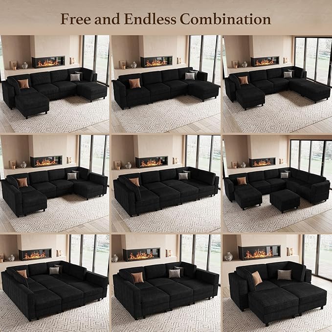 114.2" Modular Sectional Sofa with Deep Storage Seat,U Shaped Sectional Sofa Couch Convertible 6 Seater Corduroy Couch with Movable Ottoman,Upholstered Sectional Couches for Living Room,Black