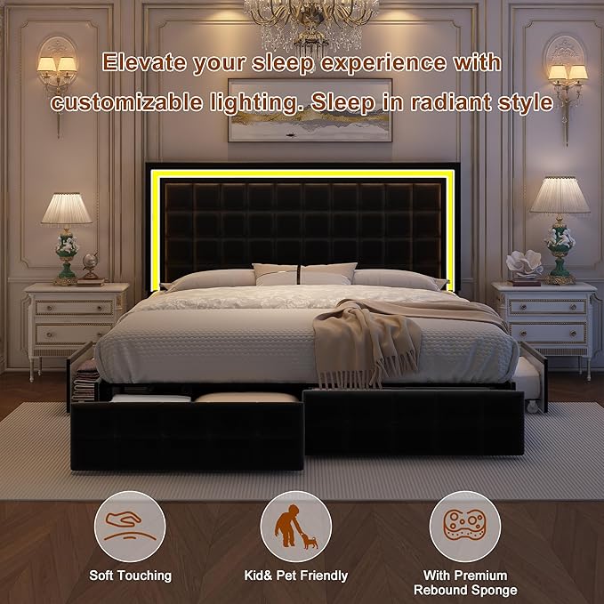 Full Led Bed Frame with 4 Storage Drawers, Bed Frame with Led Lights No Box Spring Needed, Supports 900 lbs, Easy Assembly, Quiet and Sturdy Design, Velvet Black