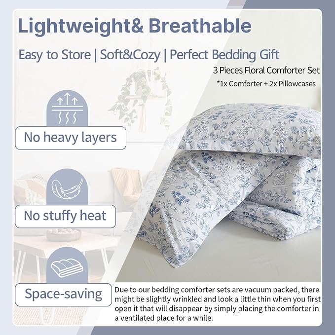 EAVD Boho Blue Floral Comforter Set King White Soft Washed Microfiber 3-Piece Garden Cute Floral Bedding Comforter Set with 2 Pillowcases Chic Fresh Garden Botanical Pattern Bedding Set for All-Season