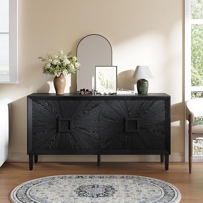 60'' Rustic Large Sideboard with 4 Doors and Adjustable Shelves, Heavy-Duty Antique Wood Entryway Console Table TV Stand for Living Room Dining Room (Black-10.2)