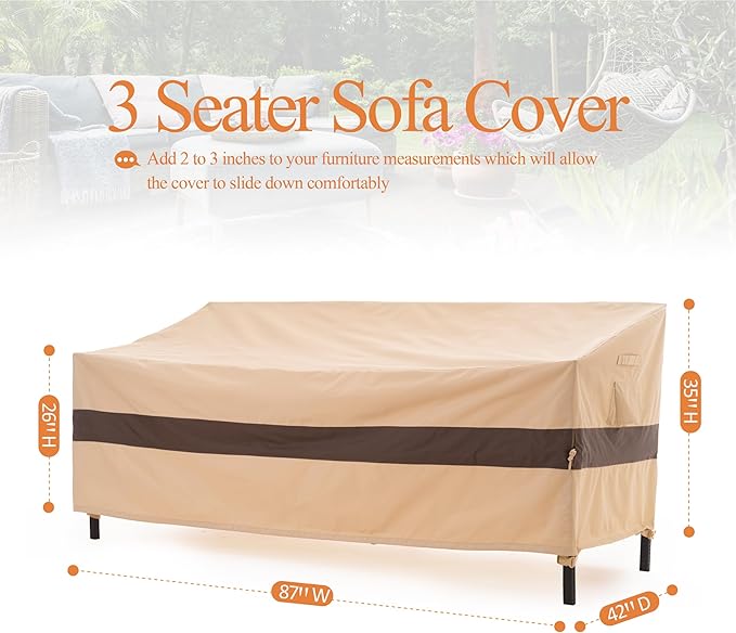 WJ-X3 Beige & Coffee Patio Sofa Cover, 87W x 42D x 35H Inches - Waterproof, UV-Resistant 3-Seater Outdoor Couch Cover - Heavy Duty, Anti-Fade & Wind Resistant