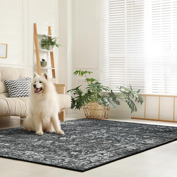 Lahome 6x9 Area Rugs Washable Rugs for Bedroom Large Black Area Rug for Bedroom,Soft Vintage Distressed Rug Non Slip Stain Resistant Indoor Carpet for Dining Decor