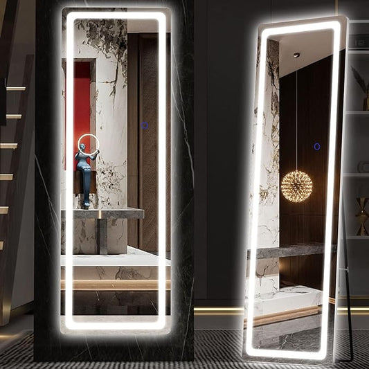 Hasipu Full Length Mirror with Lights, 56" x 16" LED Floor Mirror, Full Body Dressing Standing, Hanging Mounted Mirror for Living Room Bedroom Cloakroom, Round White
