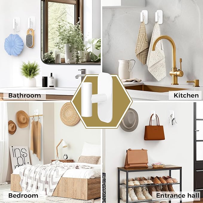 Adhesive Towel Hooks for Shower,Waterproof Heavy Duty Bathroom Hooks,Wall Mounted Sticky Hangers for Coats/Aprons/Robes,No Drilling(White,2 Pack)