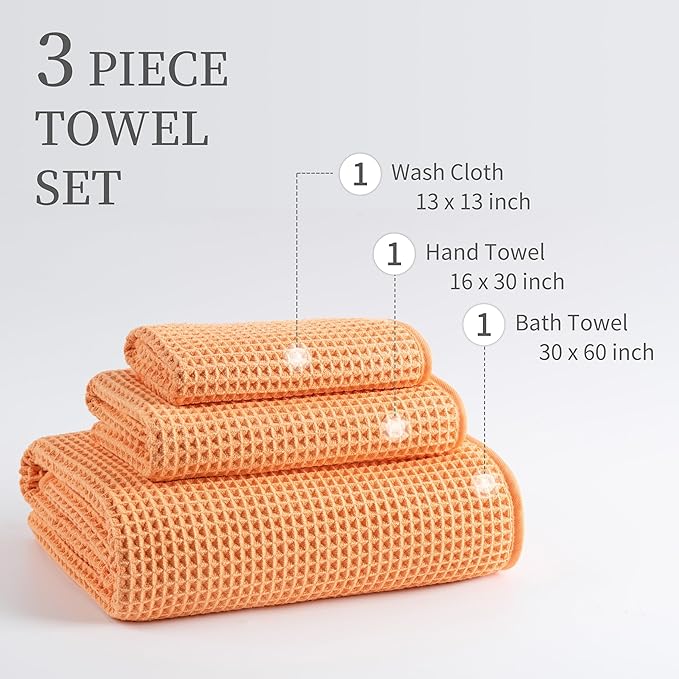 New Microfiber Waffle Bath Towels, 3 Pieces, Oversized, Soft, Absorbent, Fast Drying, Lint Free, Includes Bath, Face and Hand Towels