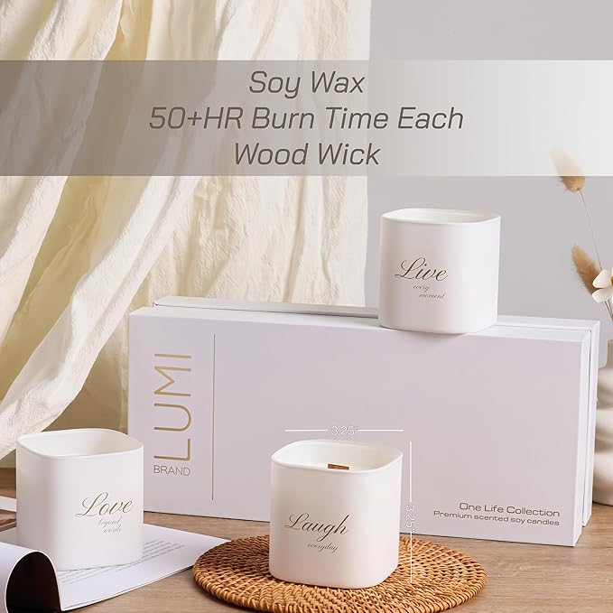 Set of 3 Premium Scented Soy Candles Gift Set | One Life Collection - Orange Blossom, White Tea & White Bloom | Crackling Wood Wick | Luxury Candle Set for Relaxation, Home Décor & Gifts | 9.8oz Each