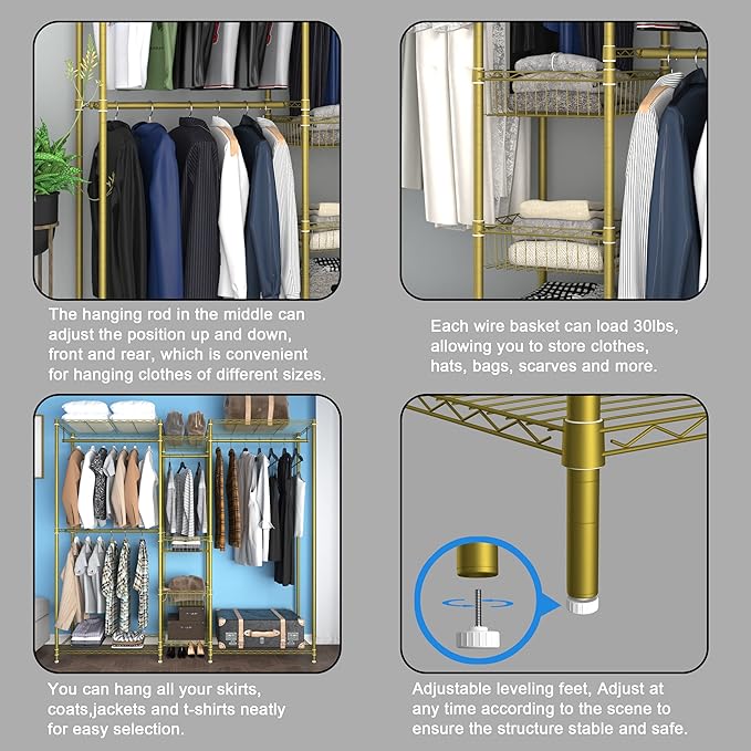 XIOFIO 6 Tiers Heavy Duty Garment Rack,Clothing Storage Organizer, Metal Clothing Rack,Clothing Rack with Hanging Rod,Adjustable Shelf and Fixed Baskets,60.7"L x 15.7"W x 70.5"H Max Load 720LBS,Gold