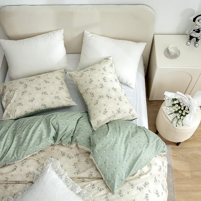 Floral Full Comforter Set Soft Cute Floral Bedding Comforter Sets Garden Style Green Flower Print Botanical Flowers Full Comforter Set for All Seasons 1 Comforter and 2 Pillowcases