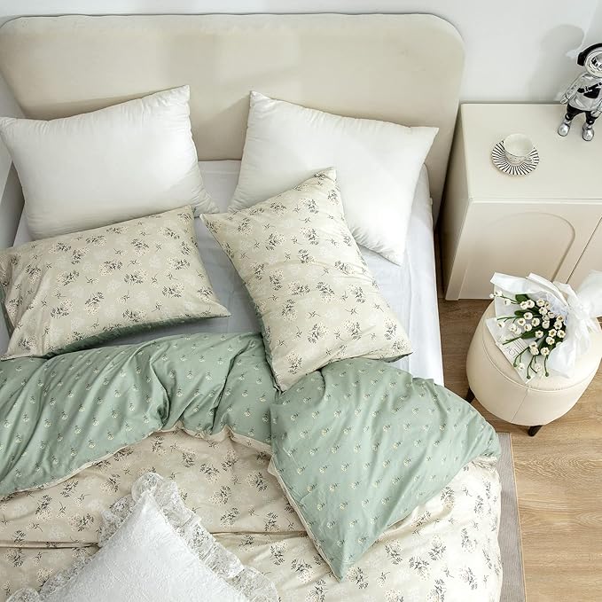 Floral Queen Comforter Set 3 Pieces Soft Chic Garden Style Green Floral Print Lightweight Botanical Flower Comforter Set for All Seasons 1 Comforter and 2 Pillowcases
