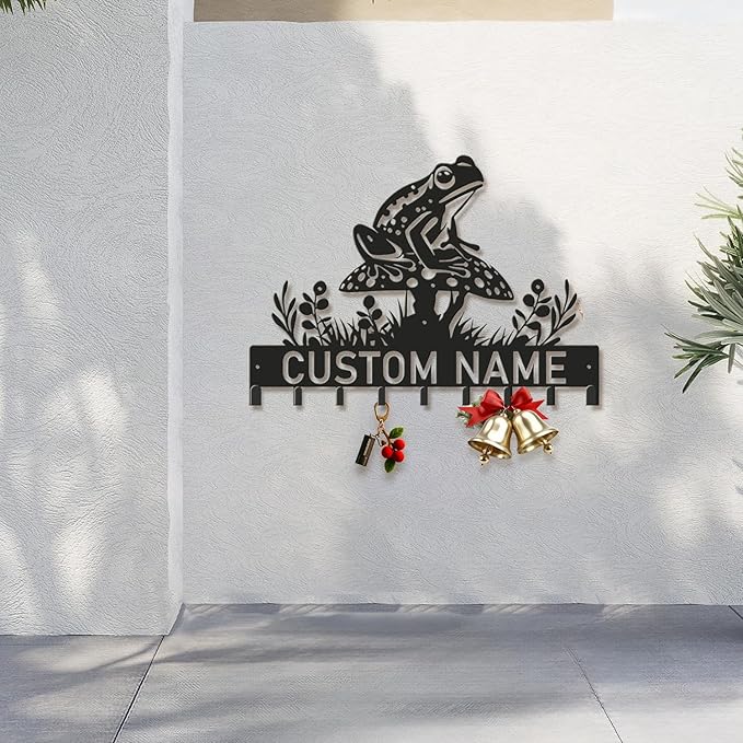 Custom Frog Key Holder for Wall Entryway, Personalized Metal Name Sign with Hooks Coat Rack & Dog Leash Holder, Decorative Wall Hanger Organizer (Style-4)
