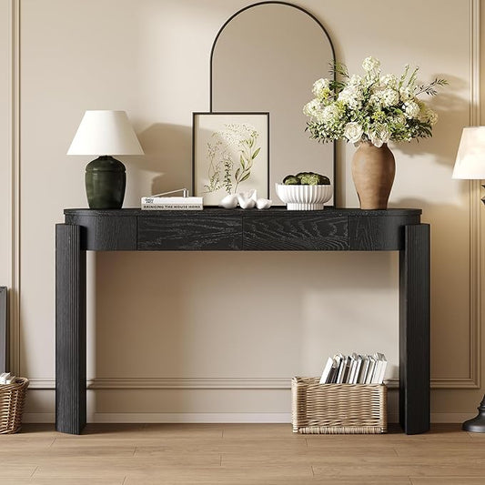 55.1" Entryway Narrow Console Table with Drawers, Oval Top & Fluted Legs, Natural Wood Grain Sofa Table for Hallway, Foyer, Behind Couch, Accent Table for Living Room, Solid Wood + MDF (Black)