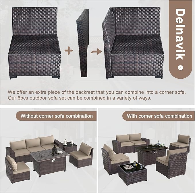 Kurapika 7 Pieces Patio Furniture Set, Rattan Outdoor Conversation Sets w/43in Propane Fire Pit Table and 4 Inch Cushion(Sand)
