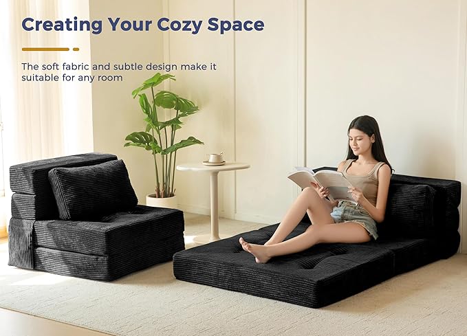 MAXYOYO Convertible Sofa Bed, Fold Out Single Sleeper Sofa with Pillow, 4 in 1 Tufted Folding Couch Bed Foam Floor Couch, Lazy Chair for Living Room Bedroom Guest Room, Black