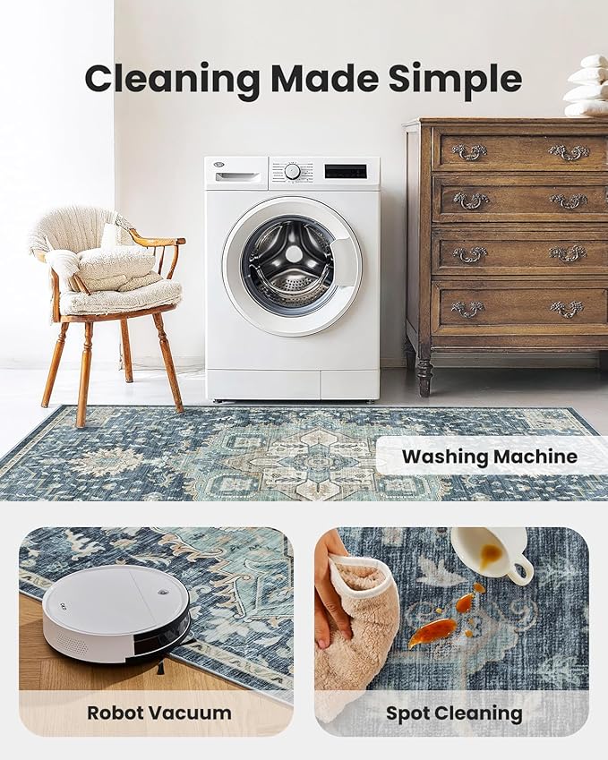 AMADA HOMEFURNISHING 8x10 Washable Area Rug, Low-Profile Large Area Rug with Non-Slip Backing & Durable Edge Binding, Vintage Large Rugs for Living Room, Bedroom, Dinning Room
