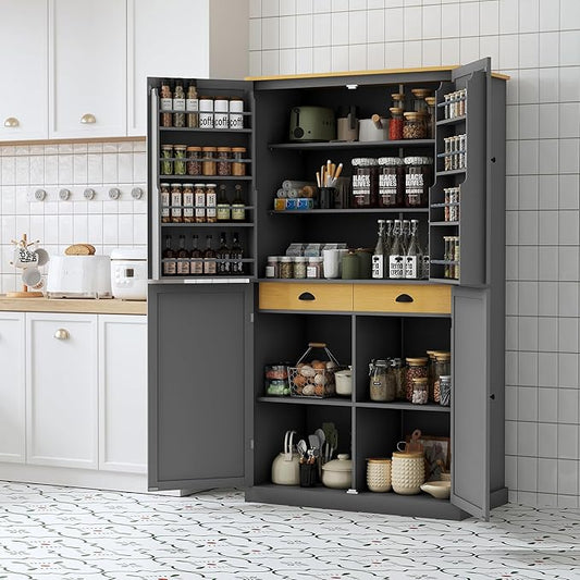 Merax 71.3" Tall Kitchen Storage Cabinet Pantry Wood Freestanding Large Cupboard with 2 Drawers,2 Adjustable Shelves,8 Door-Shelf for Dining Room,Grey