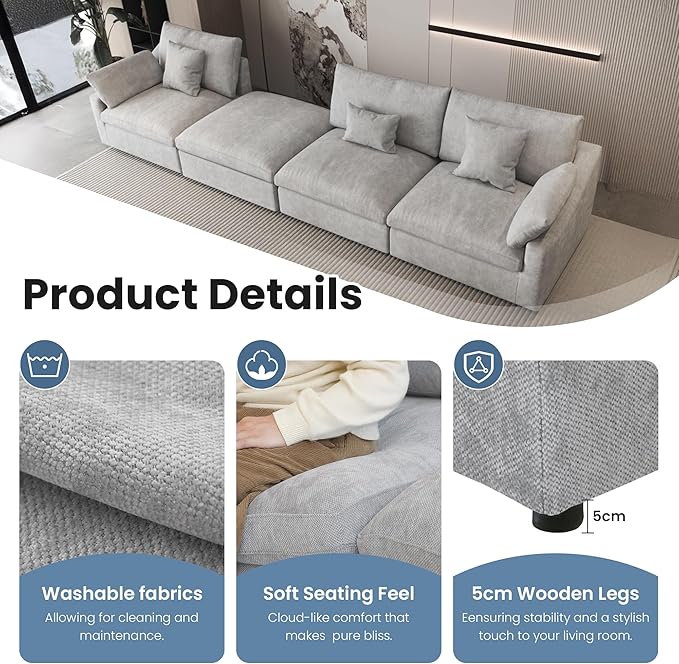 Could Couch Modular Sectional Sofa with Ottoman,Down Filled 120inch V Shaped Couch,Convertible Sofa Bed Living Room Set,6 Seat Sleeper Couched Bed, Cover Washable and Replaceable,Gray