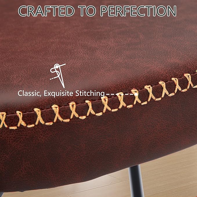 Rattan Dining Chairs Set of 4, Wine Leather Upholstered Dining Chairs with Rattan Cane Back, Mid Century Modern Dining Room Chairs with Black Metal Legs & D-Shaped Thicken Cushion, Wine