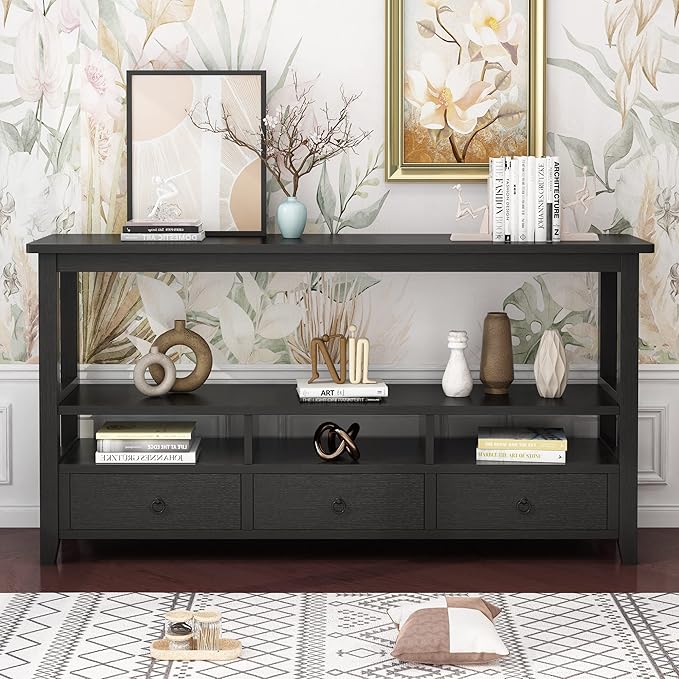 Karl home Console Table with 3 Bottom Drawers, 57.9" W Sofa Side Table Entryway Desk with 3 Storage Cubbies 1 Open Shelf, Vintage TV Stand for Hallway Living Room Office, Black 29.9" H