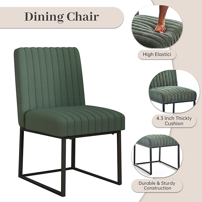 VKNOW Upholstered Dining Chairs Set of 6, Modern Dining Room Chairs with Stripe, Linen Kitchen Chair Dinner Chair with Black Metal Base for Kitchen Office, Green