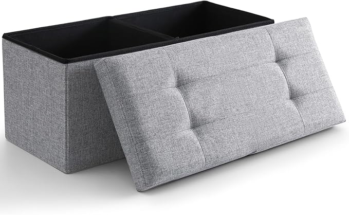 Cuyoca Foldable Seat Footrest Shoe Bench End of Bed Storage with Flipping Lid, 75L Storage Space, 30 inches Linen Fabric Grey