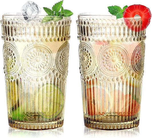6pcs Vintage Drinking Glasses Set, 12 oz Tawny Highball Glasses, Embossed Ribbed Glassware Cups for Cocktail, Water, Juice, Coffee, Whiskey