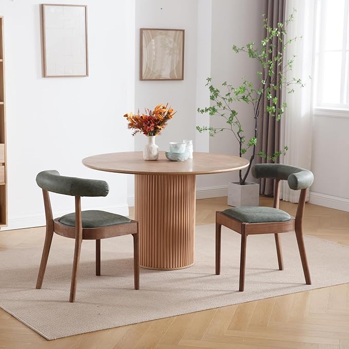Kmax Dining Room Chairs, Mid-Century Modern PU Kitchen Chairs with Natural Walnut Finished Frame, PU Curved Back, Set of 2, Green