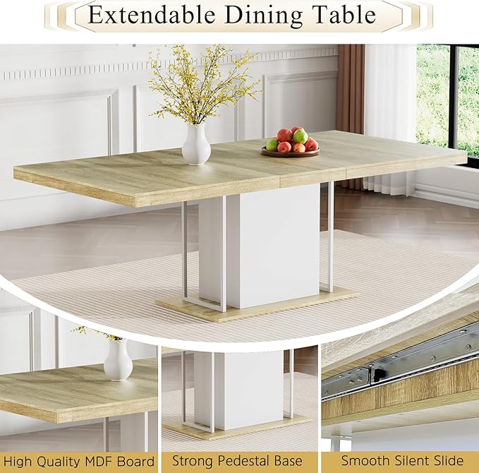 Goujxcy 78.7" Farmhouse Extendable Dining Room Table Set for 6, 7-Piece Rectangle Kitchen Dining Room Table Set with Wood Base and 6 Grey Velvet Dining Chairs, Extending Kitchen & Dining Table Set