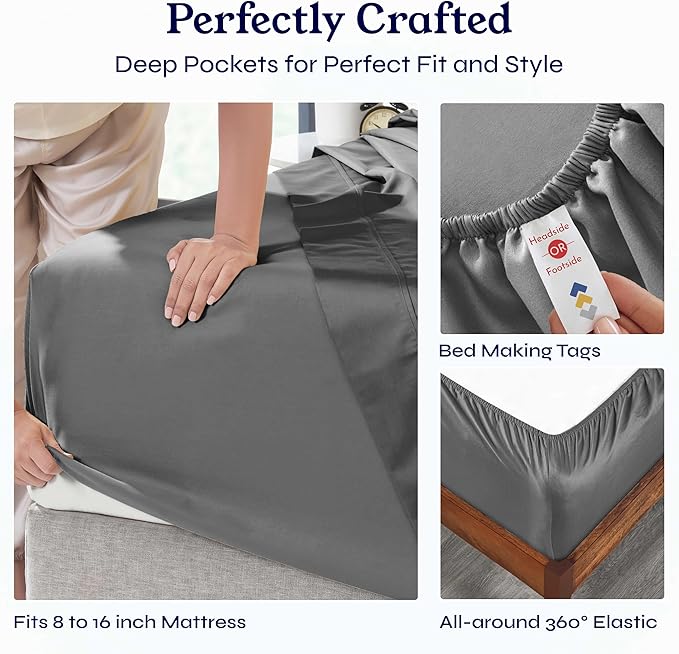 California Design Den Soft Queen Sheet Set - Soft 400 Thread Count Sateen, Natural 100% Cotton Sheets for Queen Size Bed, Deep Pockets for a Snug Fit, Durable Bedding Set - Grey