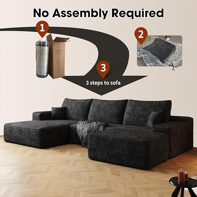 108" Sectional Couches for Living Room Modern Modular Sofa with L-Shape Couchs Upholstered Boneless Couch Deep Seat Sectional Couch with Chaise (Black, Left Facing Chaise+2Seaters+1Ottoman)